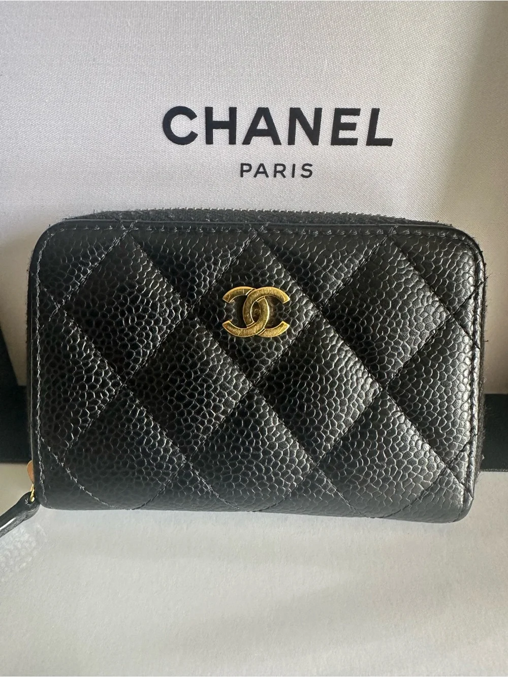 CHANEL 31-Series Black Caviar Quilted Zip Coin Purse Card Holder GHW